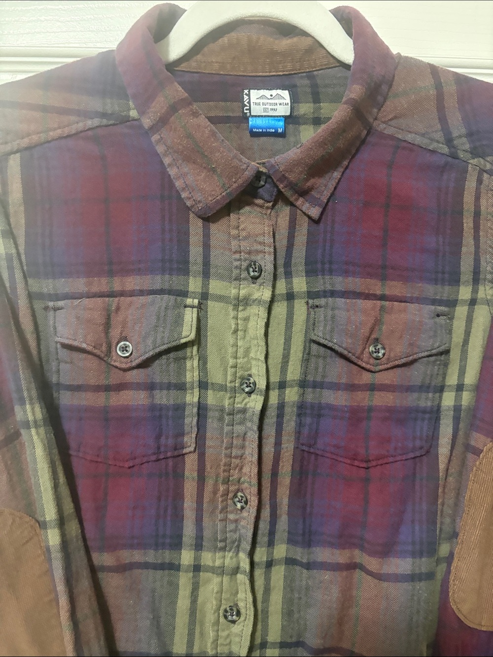 Kavu Olive and Burgundy Plaid Button-Down Shirt with Brown Elbow Patches - Picture 6 of 11